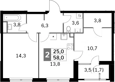 Планировка: 2-комнатная квартира 54,9 м² в ЖК «Скай Гарден»