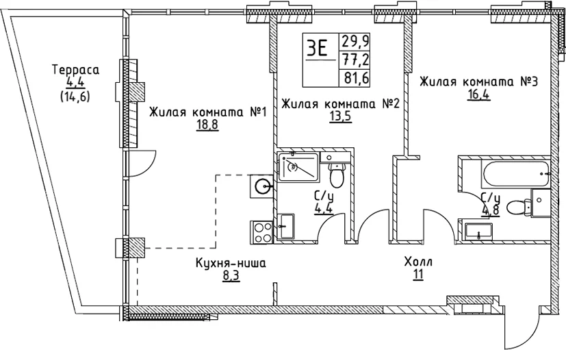 Планировка: Евротрёшка 77,2 м² в ЖК «ВЭРИ на Миклухо-Маклая»