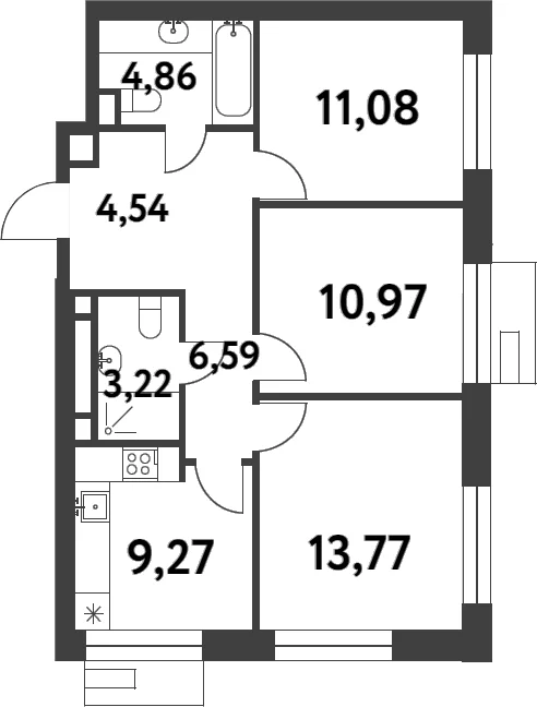 Планировка: 3-комнатная квартира 64,3 м² в ЖК «Смарт Гарден»