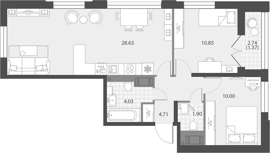 Планировка: Евротрёшка 60,1 м² в ЖК «Цивилизация на Неве»