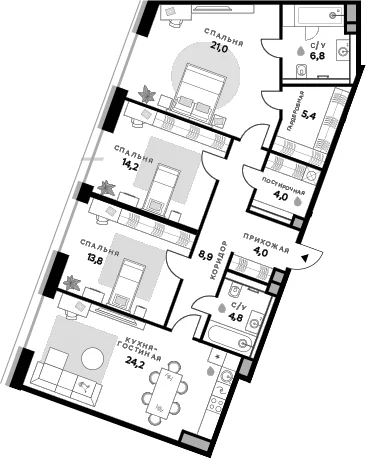Планировка: 3-комнатная квартира 107,1 м² в ЖК «СберСити»