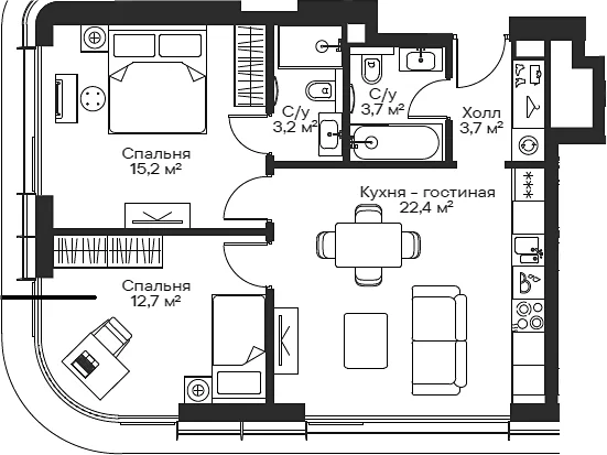 Планировка: Евротрёшка 59,7 м² в ЖК «Сити Бэй»