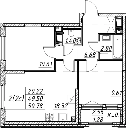 Планировка: Евротрёшка 49,5 м² в ЖК «Цивилизация на Неве»