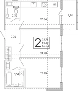 Планировка: 2-комнатная квартира 52,2 м² в ЖК «ЮгТаун. Олимпийские кварталы»