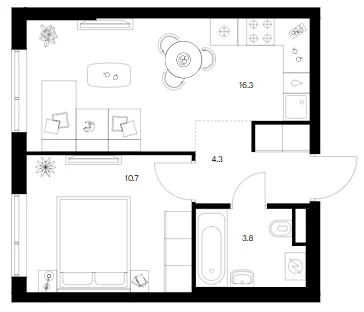 Планировка: 1-комнатная квартира 35,1 м² в ЖК «Бунинская набережная»