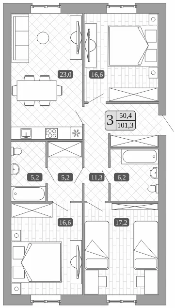 Планировка: Квартира евро-4 101,3 м² в ЖК «Белый город»