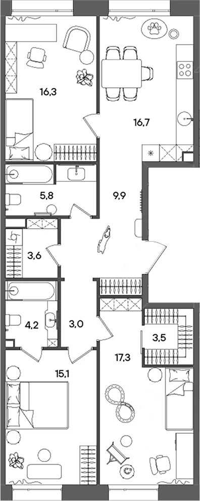 Планировка: Квартира евро-4 95,4 м² в ЖК «СТОУН Райз»