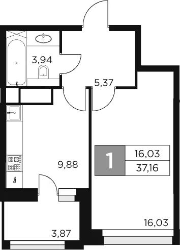 Планировка: 1-комнатная квартира 35,2 м² в ЖК «Восток 2»