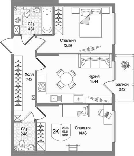 Планировка: 2-комнатная квартира 56,5 м² в ЖК «Охтинские высоты»