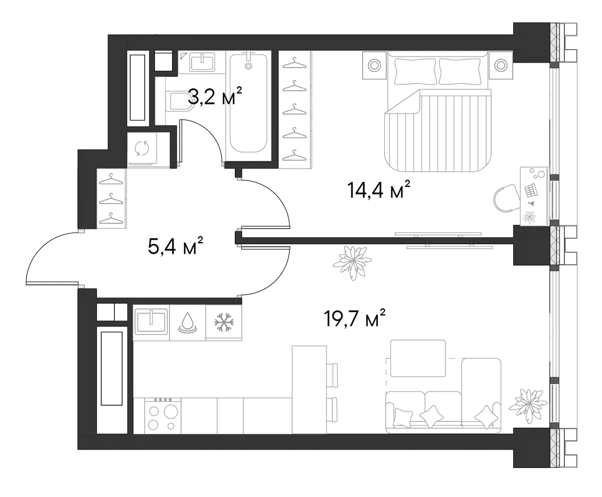 Планировка: 1-комнатная квартира 42,7 м² в ЖК «Первый Нагатинский»