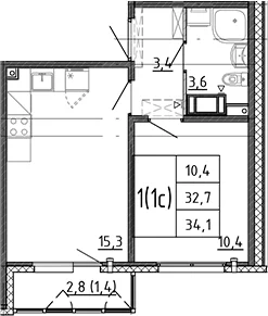Планировка: Евродвушка 32,7 м² в ЖК «Ручьи 2»