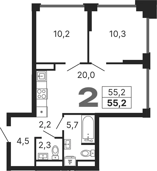 Планировка: Евротрёшка 55,2 м² в ЖК «Бестселлер»