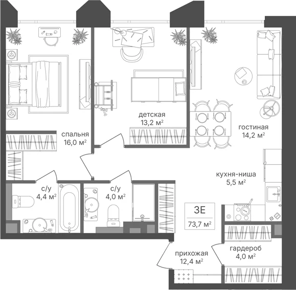 Планировка: Евротрёшка 73,7 м² в ЖК «Петровский Парк II»
