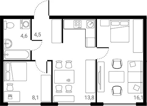 Планировка: 2-комнатная квартира 47,1 м² в ЖК «Лесная Коллекция»