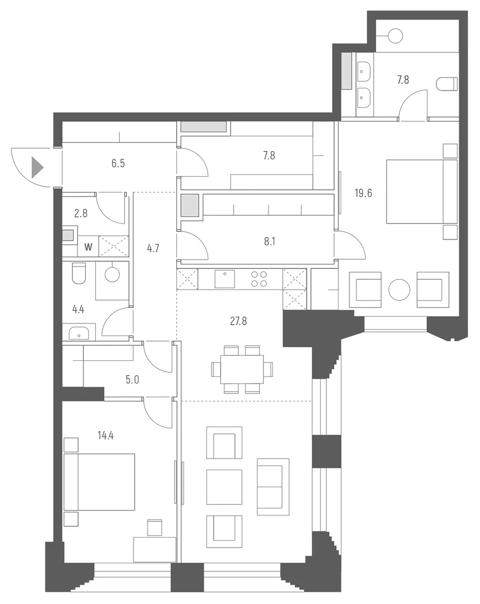 Планировка: Евротрёшка 108,9 м² в ЖК «Веспер Кутузовский»