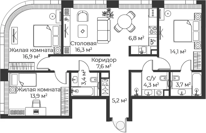 Планировка: Квартира евро-4 92 м² в ЖК «Веер»