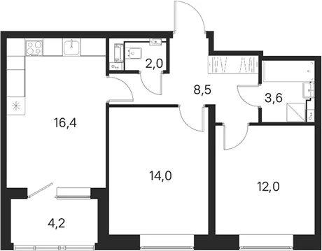 Планировка: 2-комнатная квартира 56,5 м² в ЖК «М36»
