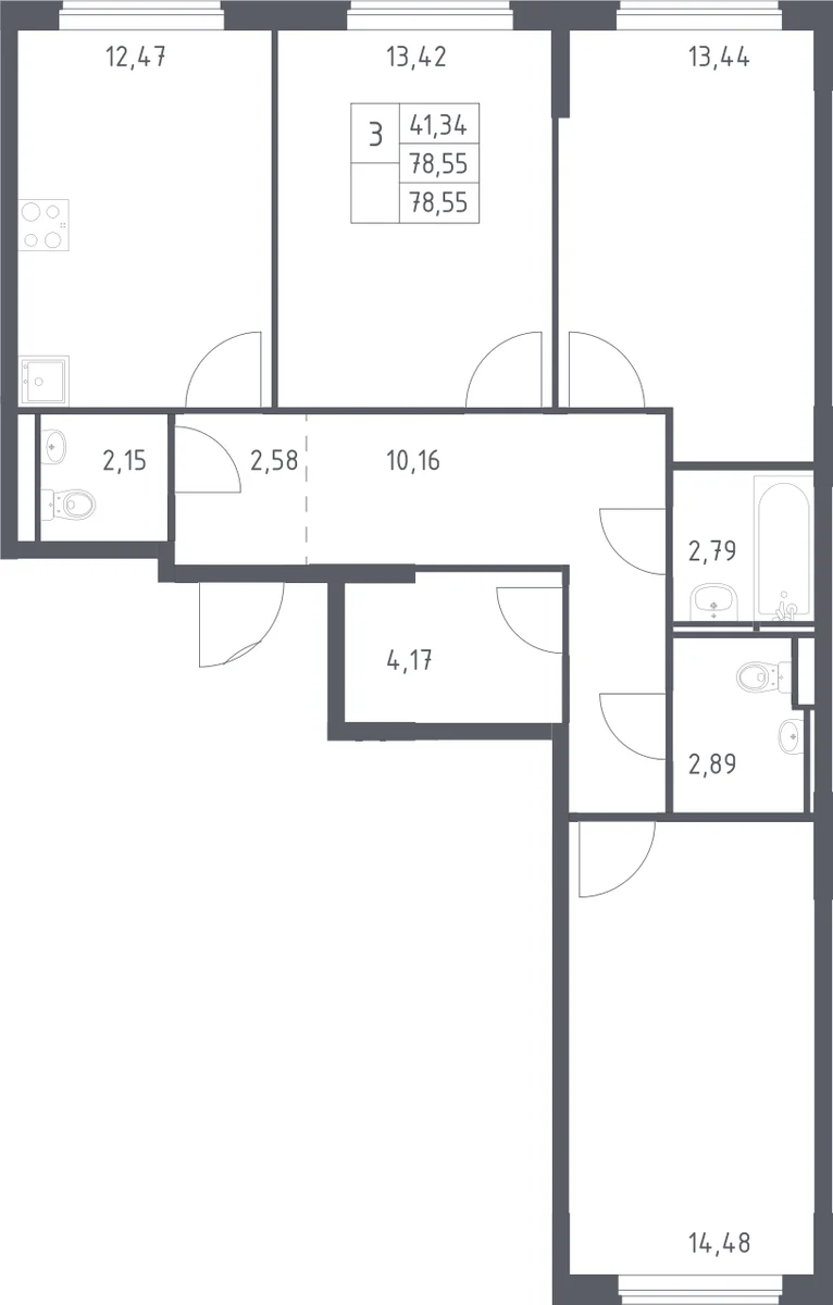 Планировка: 3-комнатная квартира 78,6 м² в ЖК «Мытищи Парк»