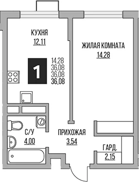 Планировка: 1-комнатная квартира 36,1 м² в ЖК «Гранель Алексеевская роща»