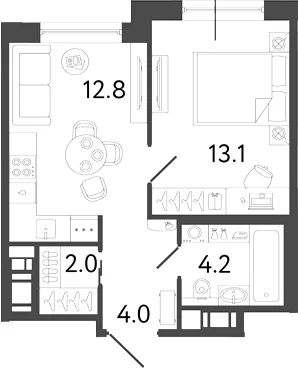 Планировка: 1-комнатная квартира 36,1 м² в ЖК «Передвижники 2»
