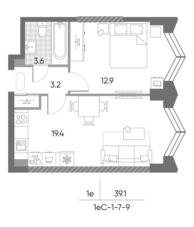 Планировка: Евродвушка 39,1 м² в ЖК «ЗилАрт»