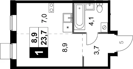 Планировка: Студия 23,7 м² в ЖК «1-й Ясеневский»