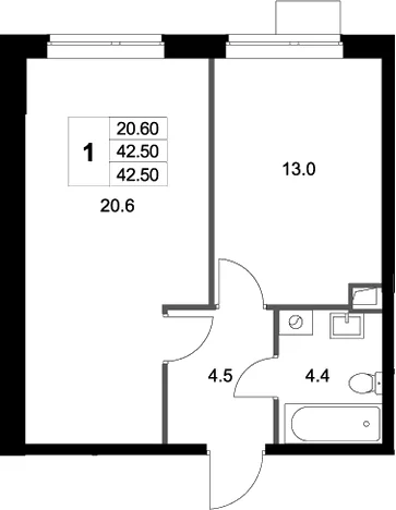 Планировка: 1-комнатная квартира 42,5 м² в ЖК «Легенда Марусино»