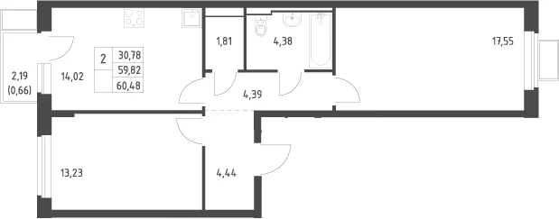 Планировка: 2-комнатная квартира 59,8 м² в ЖК «Новое Видное»