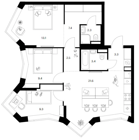 Планировка: 3-комнатная квартира 72,3 м² в ЖК «Мичуринский парк»