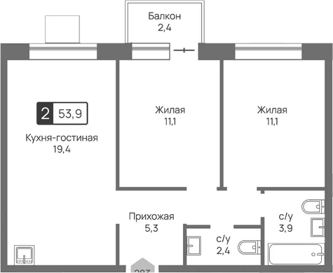 Планировка: Евротрёшка 53,2 м² в ЖК «Отрада 3»