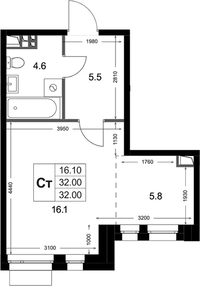 Планировка: Студия 32 м² в ЖК «Кореневский Форт 2.3»