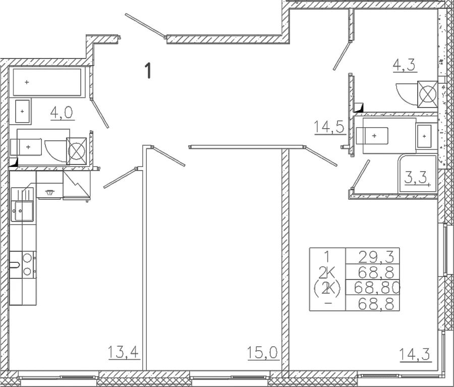 Планировка: 2-комнатная квартира 68,8 м² в ЖК «Лисино»