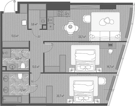 Планировка: Евротрёшка 93,2 м² в ЖК «ОНЕ»