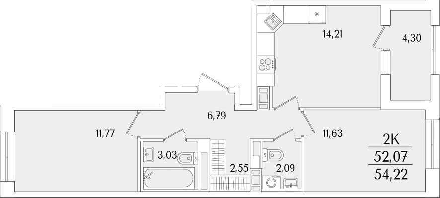 Планировка: 2-комнатная квартира 52,1 м² в ЖК «Гранат»