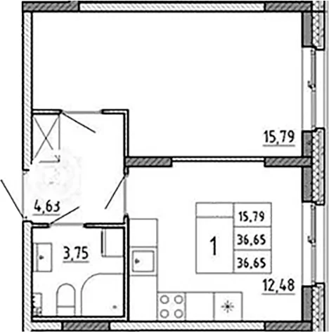 Планировка: 1-комнатная квартира 36,7 м² в ЖК «Аннино Сити»