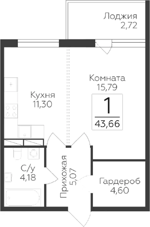 Планировка: 1-комнатная квартира 40,9 м² в ЖК «Панорама Юкки. ГК Развитие. Санкт-Петербург»