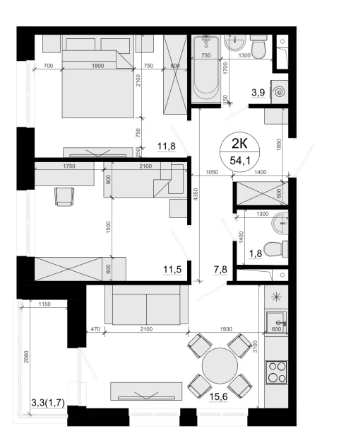 Планировка: 2-комнатная квартира 52,4 м² в ЖК «Одинцовские Кварталы Эволюция»