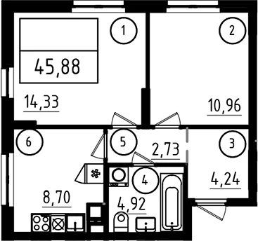 Планировка: 2-комнатная квартира 45,9 м² в ЖК «А101 Лаголово»