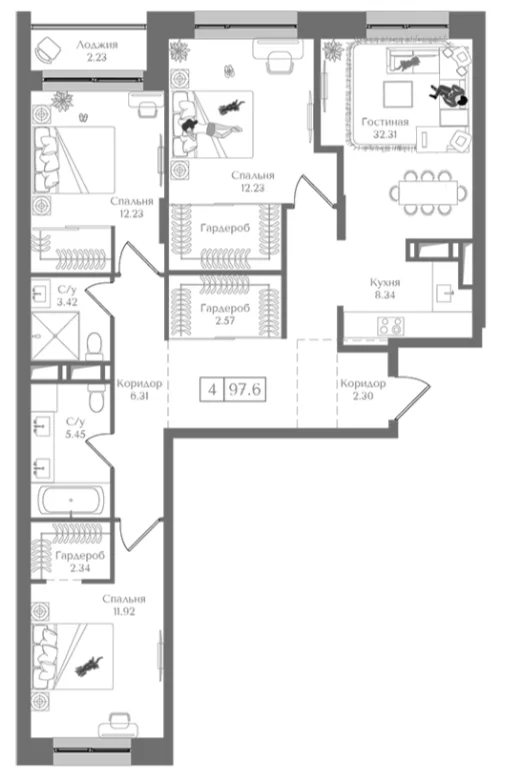 Планировка: Квартира евро-4 96,5 м² в ЖК «Преображенская площадь»