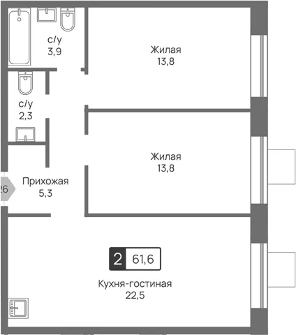Планировка: Евротрёшка 61,6 м² в ЖК «Отрада 3»