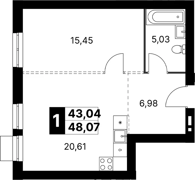 Планировка: Евродвушка 48,1 м² в ЖК «Апрелевка Клаб»