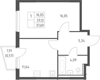 Планировка: 1-комнатная квартира 37,1 м² в ЖК «Егорово парк»