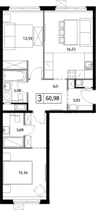 Планировка: Евротрёшка 61 м² в ЖК «У реки.Эко Видное 2.0»