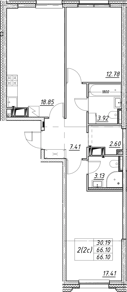 Планировка: Евротрёшка 66,1 м² в ЖК «Цивилизация на Неве»