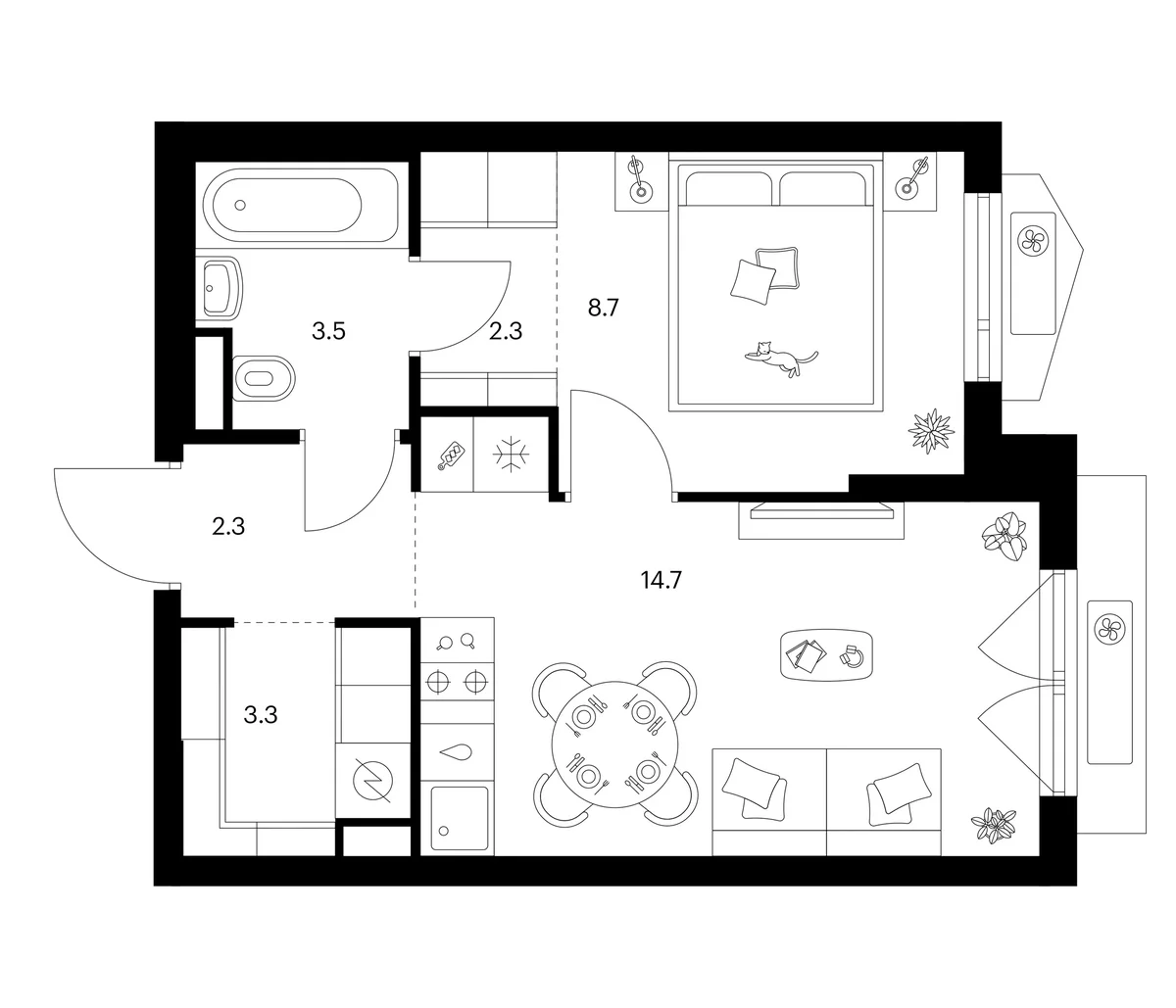 Планировка: 1-комнатная квартира 34,8 м² в ЖК «Мичуринский парк»