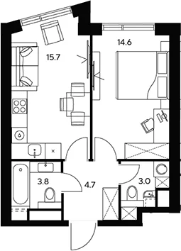 Планировка: 1-комнатная квартира 41,8 м² в ЖК «НЕКСУС от Аквилон»
