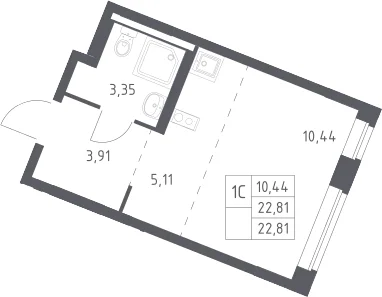 Планировка: Студия 22,8 м² в ЖК «Квартал Западный»