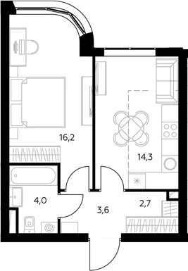 Планировка: 1-комнатная квартира 41,5 м² в ЖК «Адмирал»