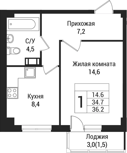 Планировка: 1-комнатная квартира 34,7 м² в ЖК «Южная Заря»