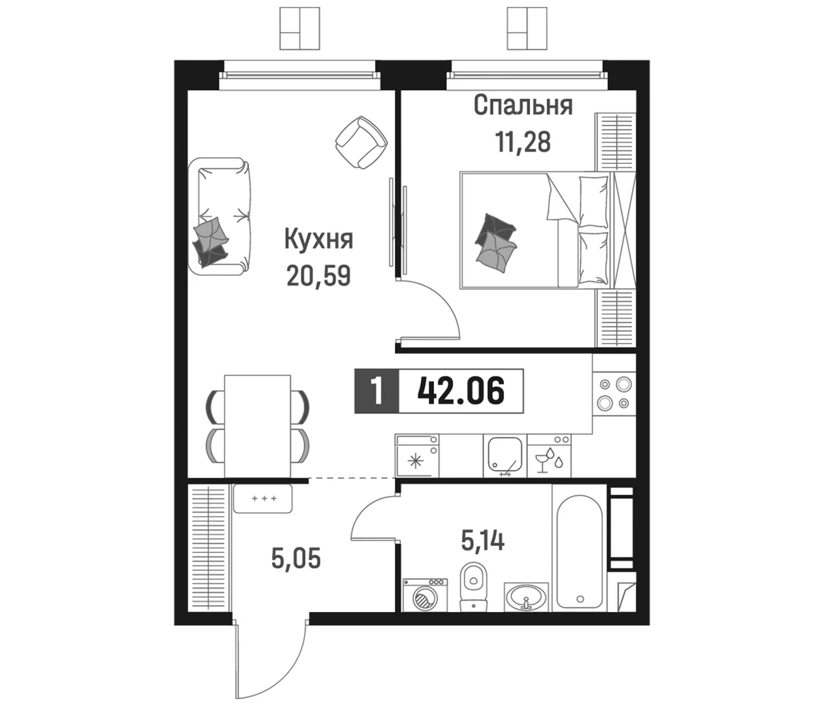 Планировка: Евродвушка 42,1 м² в ЖК «Максималист»